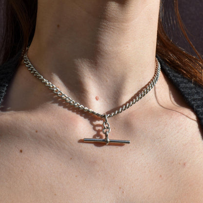 Antique Sterling Silver Curb Link Albert Watch Chain Necklace with Sliding T-Bar and Dog Clips – 15"