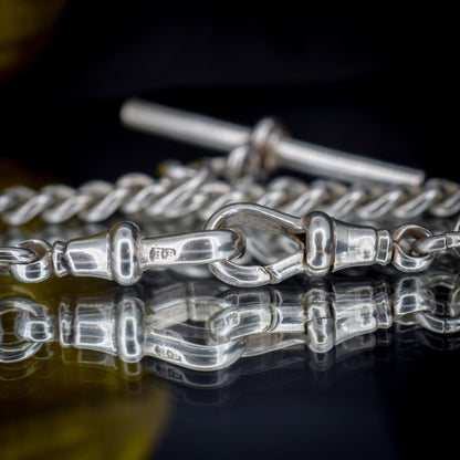 Antique Sterling Silver Curb Link Albert Watch Chain Necklace with Sliding T-Bar and Dog Clips – 15"