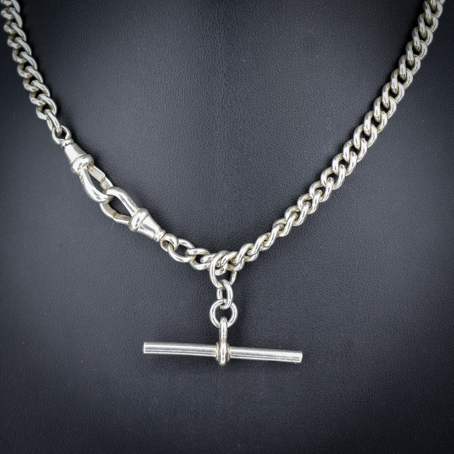 Antique Sterling Silver Curb Link Albert Watch Chain Necklace with Sliding T-Bar and Dog Clips – 15"