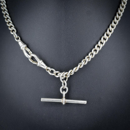 Antique Sterling Silver Curb Link Albert Watch Chain Necklace with Sliding T-Bar and Dog Clips – 15"
