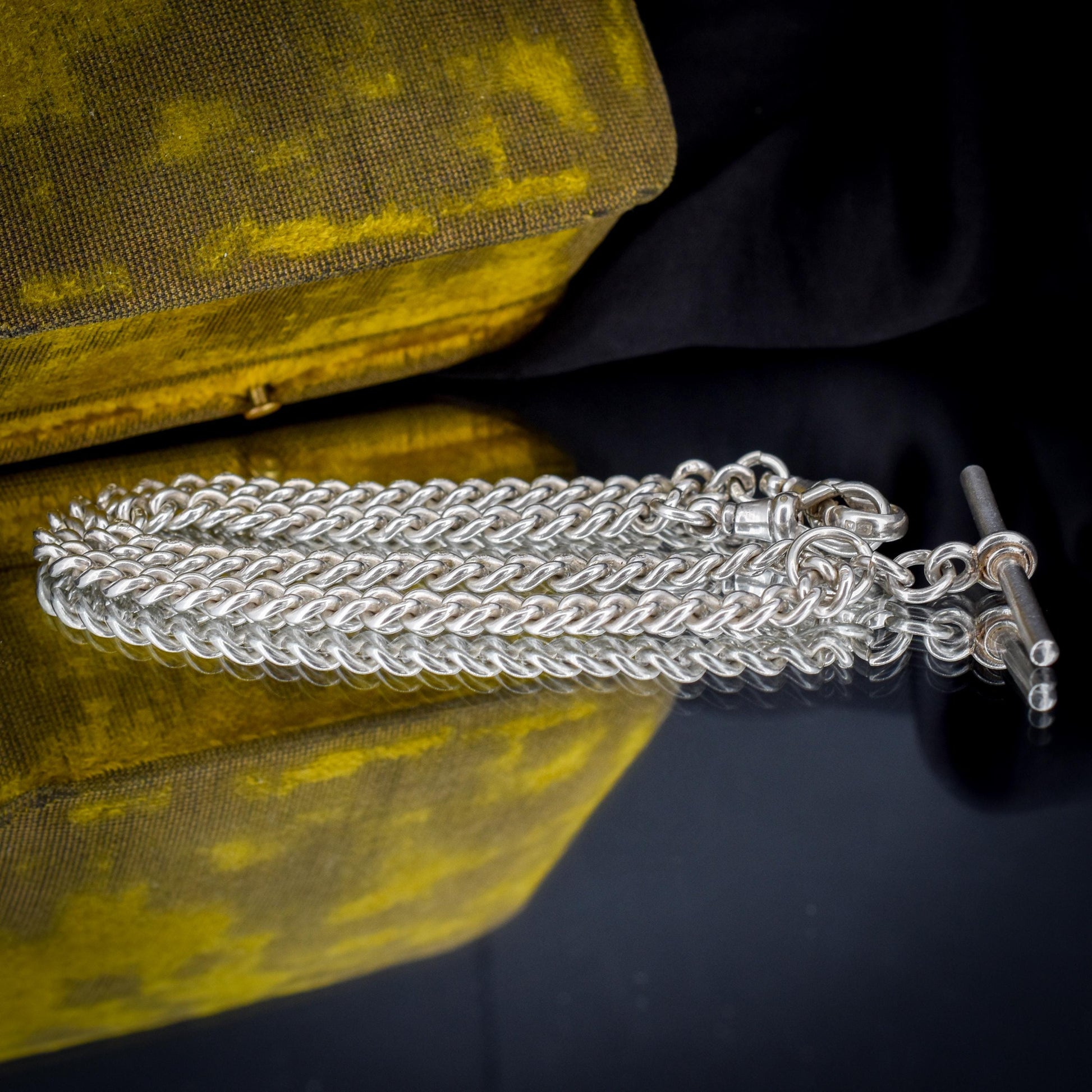 Antique Sterling Silver Curb Link Albert Watch Chain Necklace with Sliding T-Bar and Dog Clips – 15"