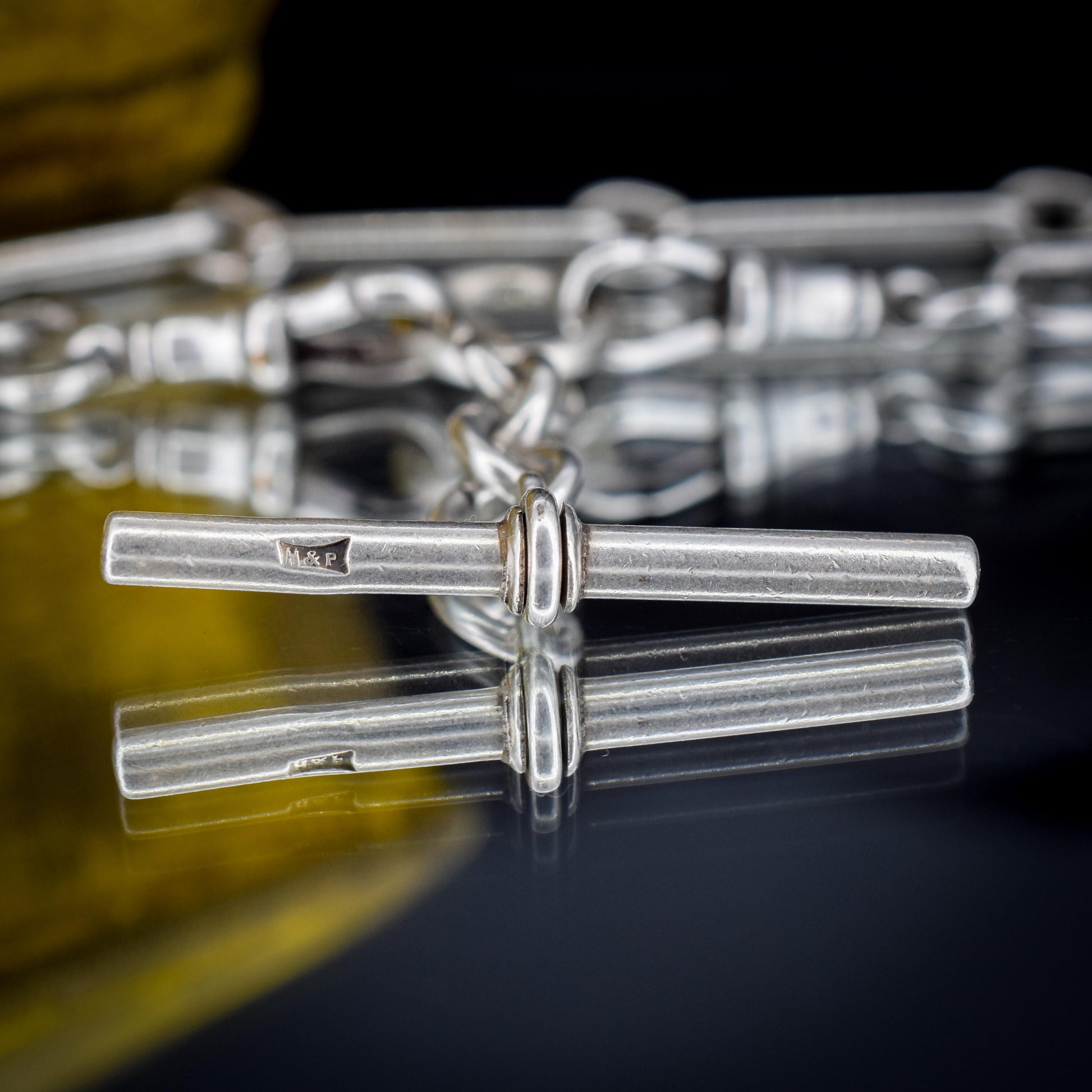 Antique Sterling Silver Trombone Watch Chain with Dog Clips and T Bar | 15.5"