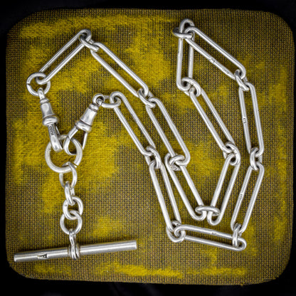 Antique Sterling Silver Trombone Watch Chain with Dog Clips and T Bar | 15.5"