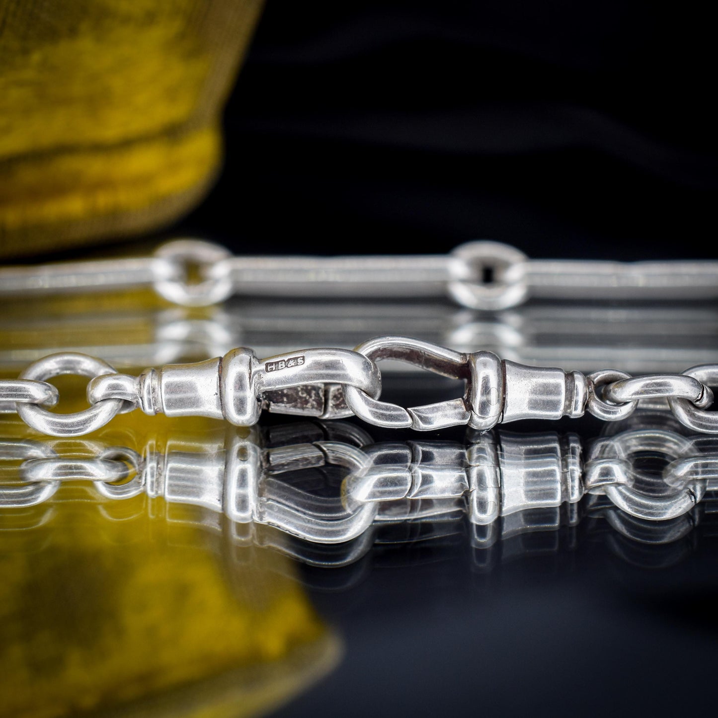 Antique Sterling Silver Trombone Watch Chain with Dog Clips and T Bar | 15.5"