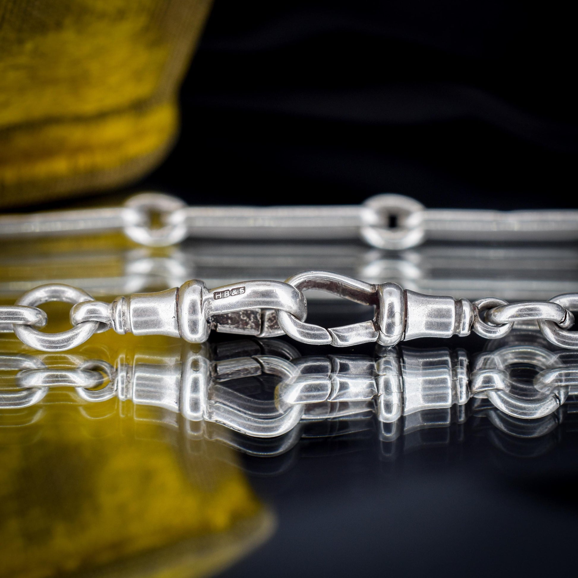 Antique Sterling Silver Trombone Watch Chain with Dog Clips and T Bar | 15.5"