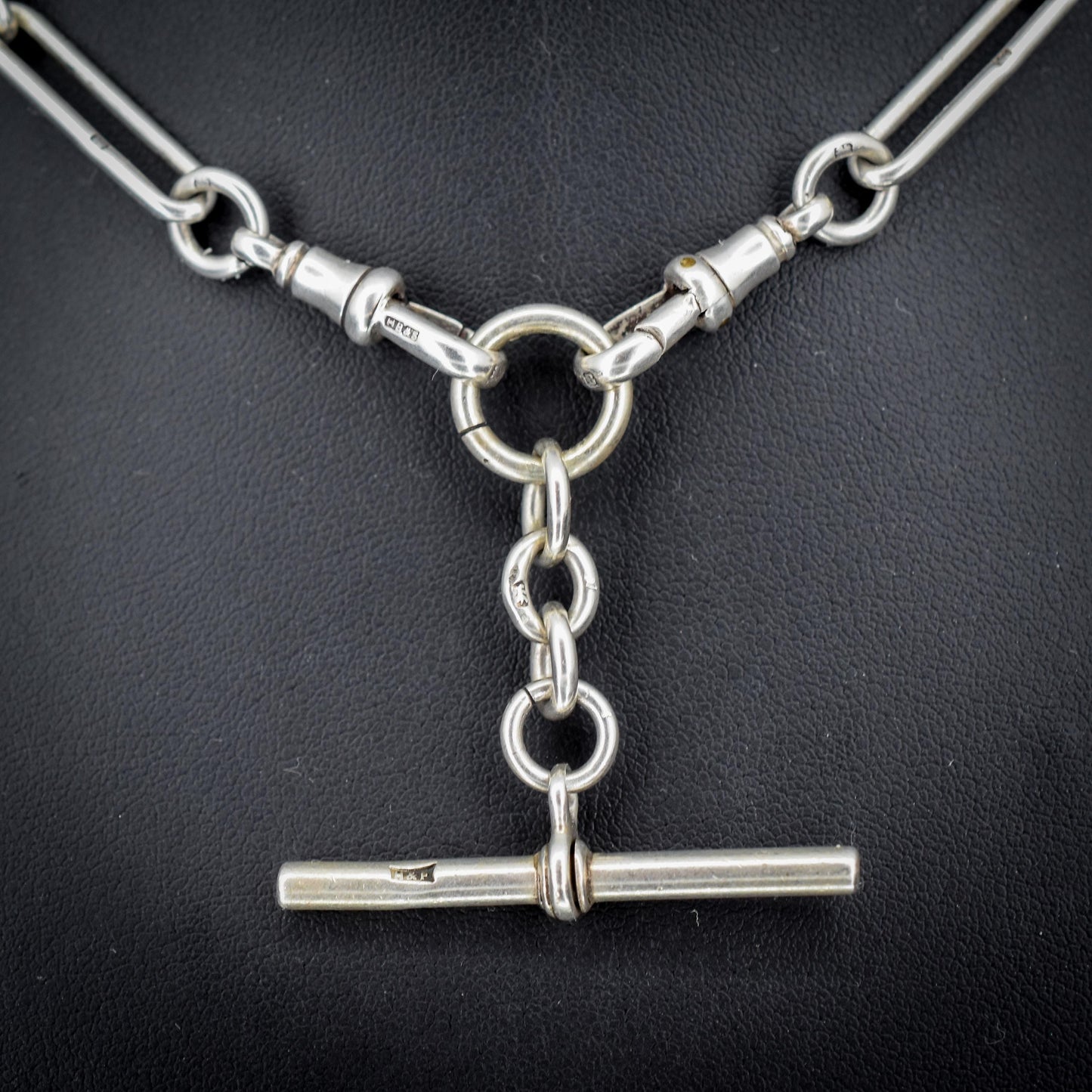Antique Sterling Silver Trombone Watch Chain with Dog Clips and T Bar | 15.5"