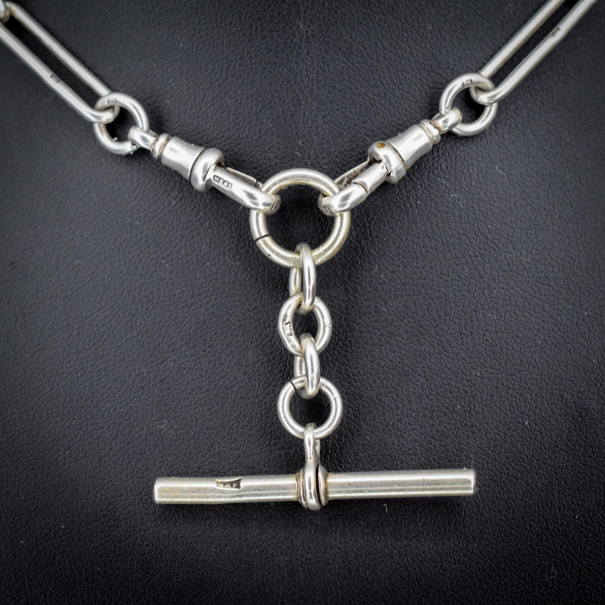 Antique Sterling Silver Trombone Watch Chain with Dog Clips and T Bar | 15.5"