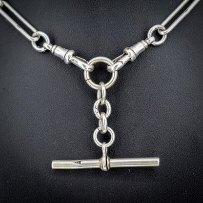Antique Sterling Silver Trombone Watch Chain with Dog Clips and T Bar | 15.5"