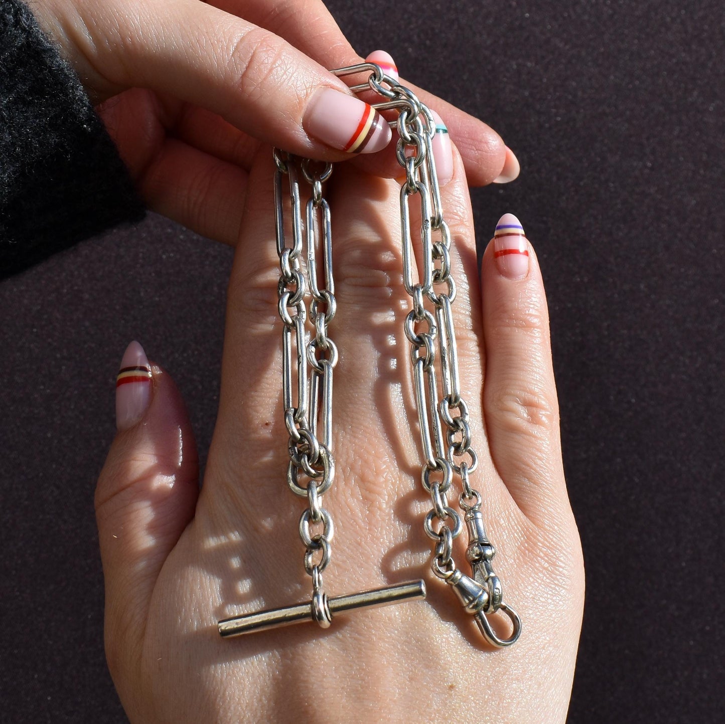 Antique Sterling Silver Trombone Watch Chain with Dog Clips and T Bar | 16.5"