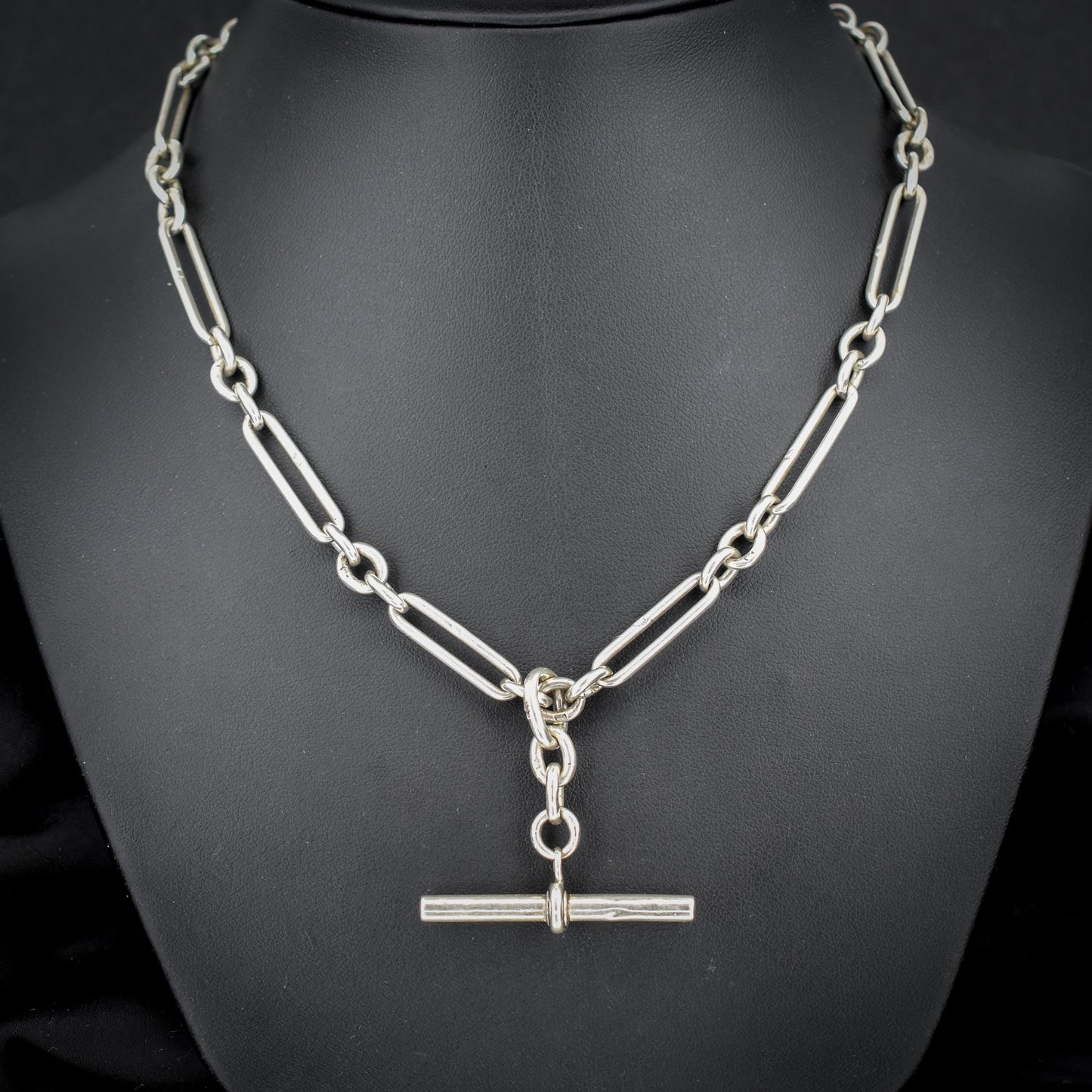 Antique Sterling Silver Trombone Watch Chain with Dog Clips and T Bar | 16.5"