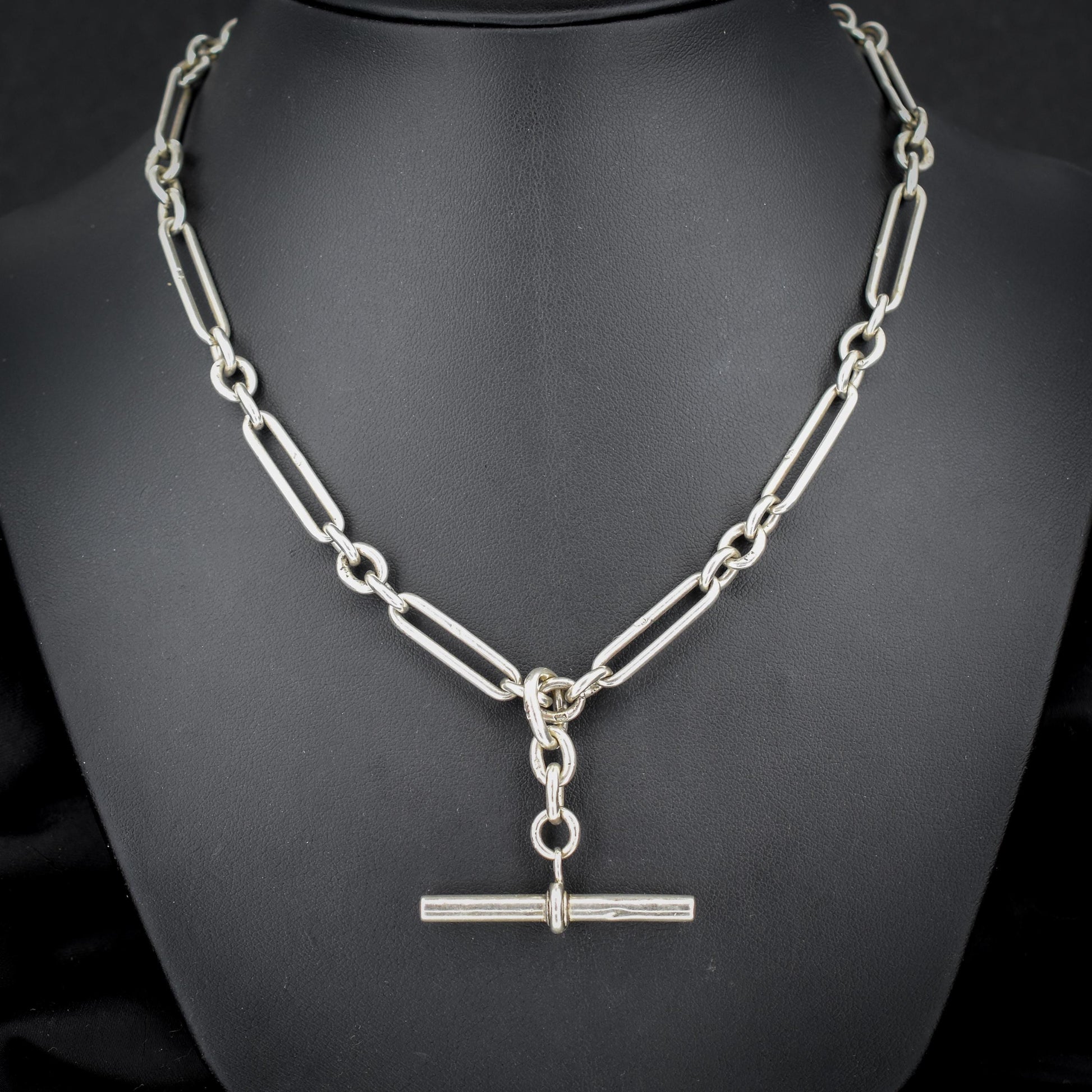 Antique Sterling Silver Trombone Watch Chain with Dog Clips and T Bar | 16.5"