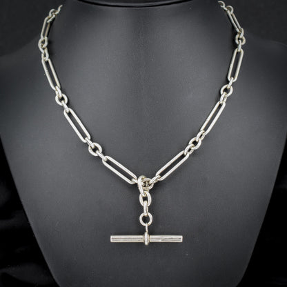 Antique Sterling Silver Trombone Watch Chain with Dog Clips and T Bar | 16.5"