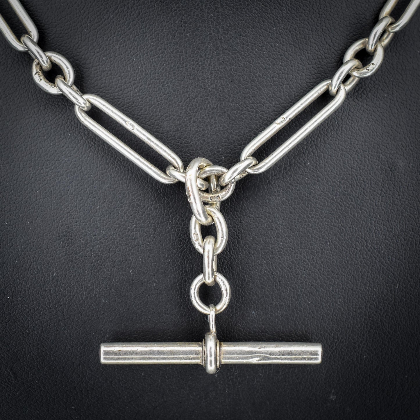 Antique Sterling Silver Trombone Watch Chain with Dog Clips and T Bar | 16.5"