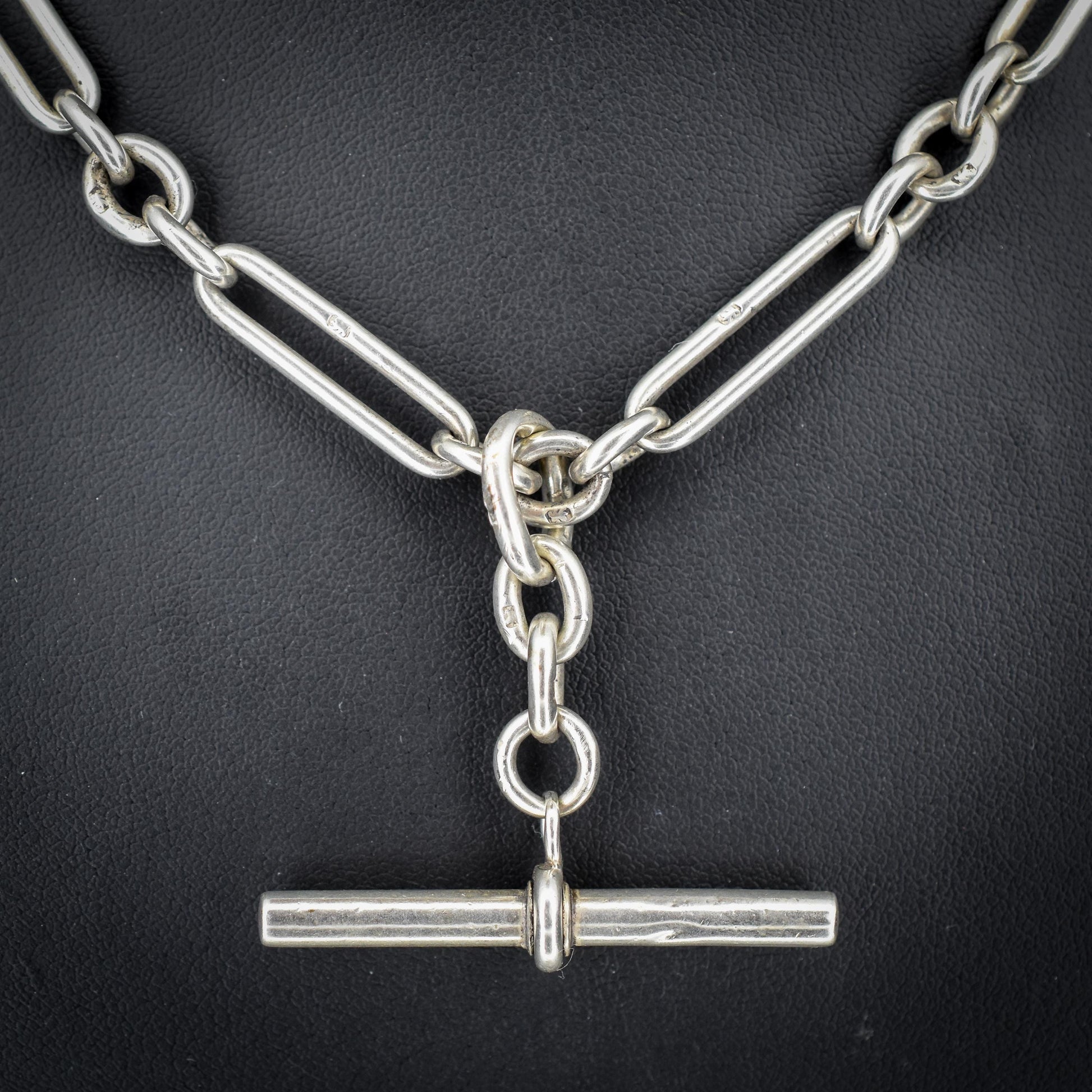 Antique Sterling Silver Trombone Watch Chain with Dog Clips and T Bar | 16.5"