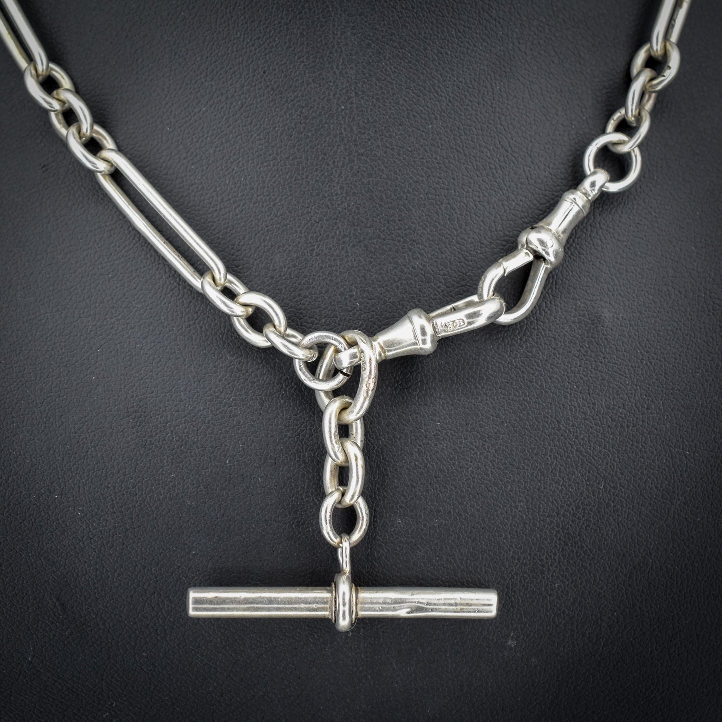 Antique Sterling Silver Trombone Watch Chain with Dog Clips and T Bar | 16.5"