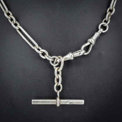 Antique Sterling Silver Trombone Watch Chain with Dog Clips and T Bar | 16.5"