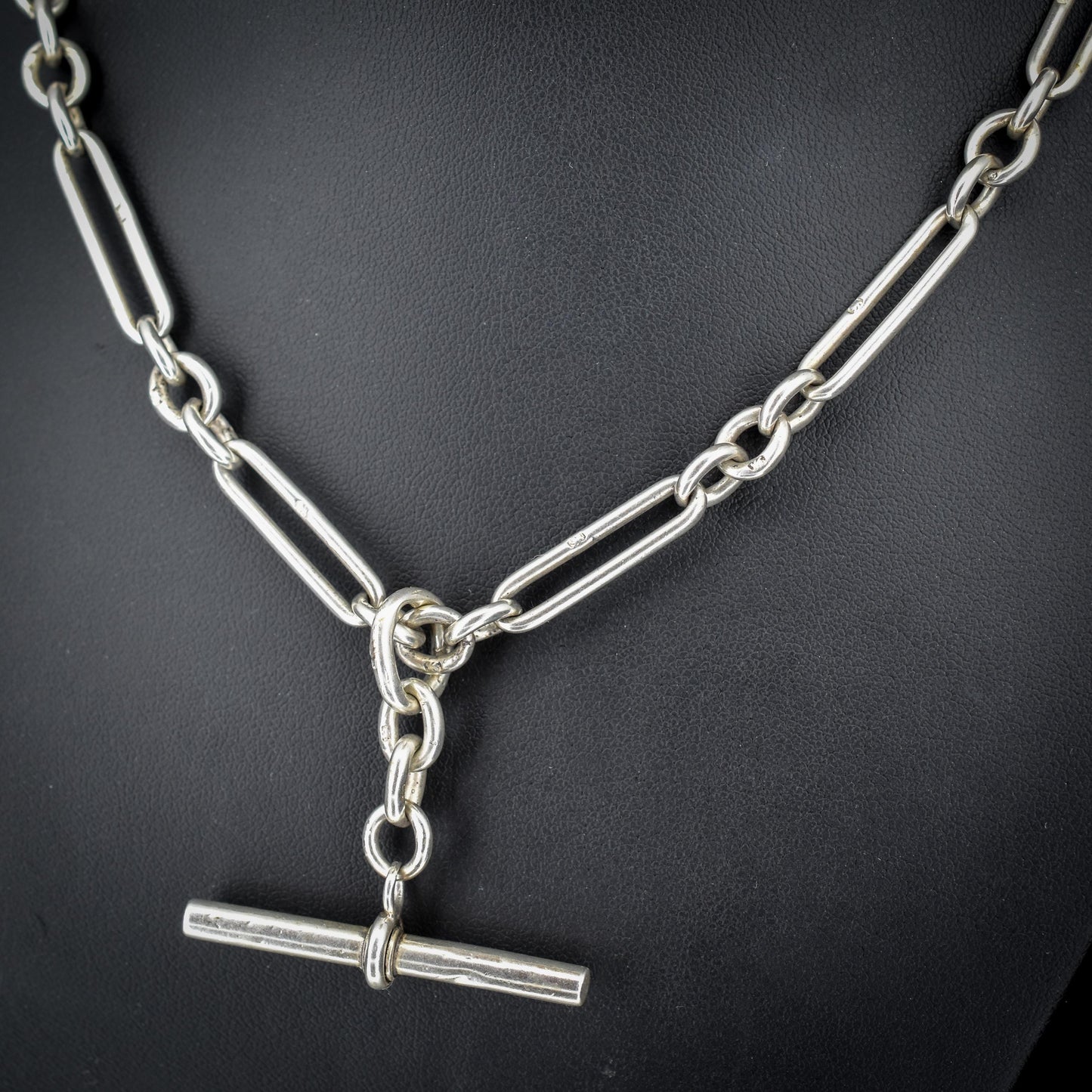 Antique Sterling Silver Trombone Watch Chain with Dog Clips and T Bar | 16.5"