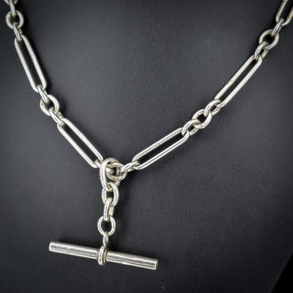 Antique Sterling Silver Trombone Watch Chain with Dog Clips and T Bar | 16.5"