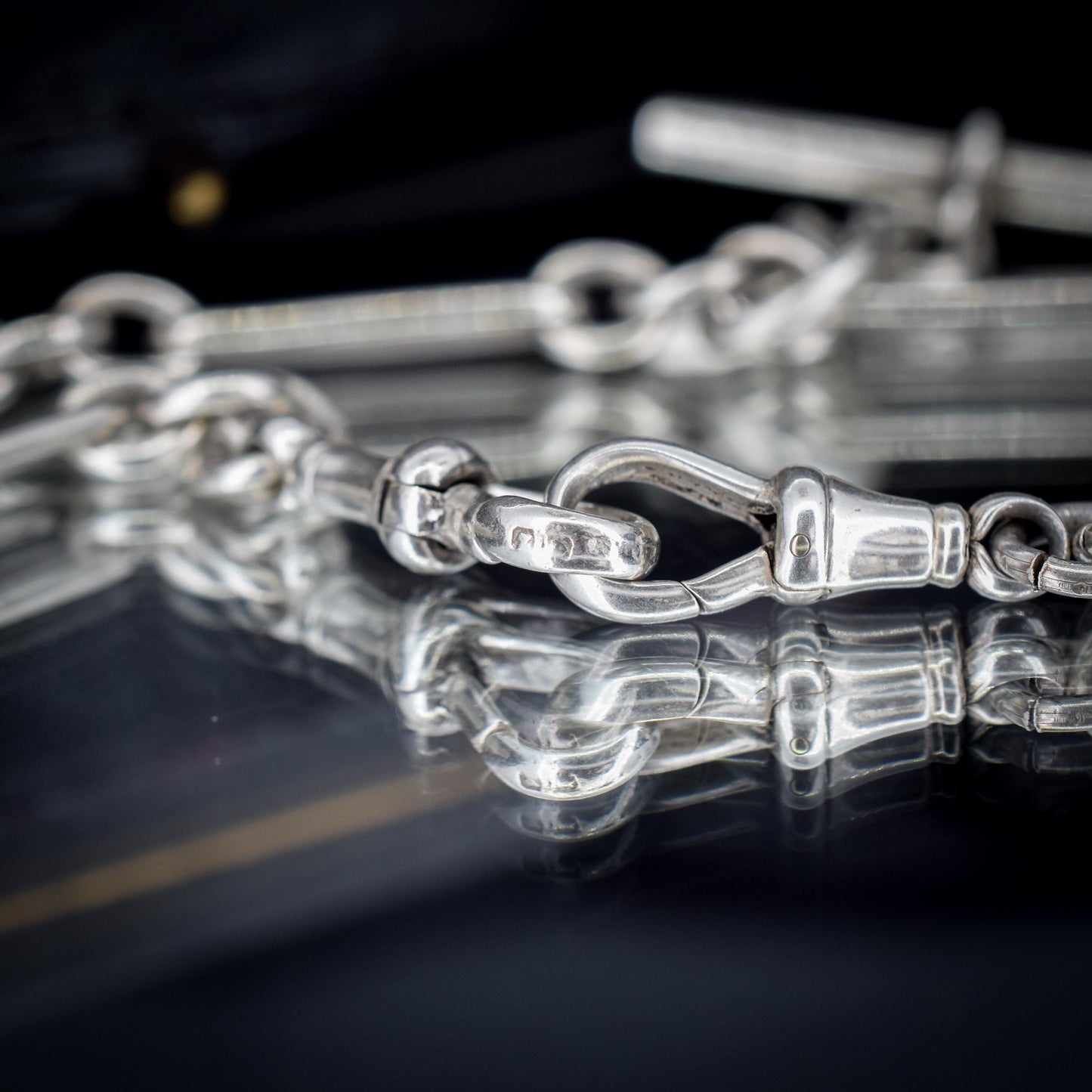 Antique Sterling Silver Trombone Watch Chain with Dog Clips and T Bar | 16.5"