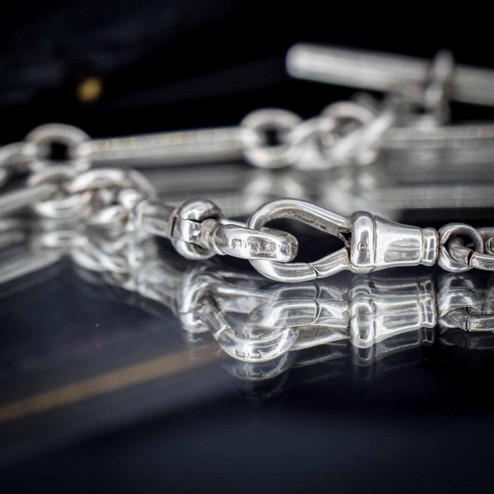 Antique Sterling Silver Trombone Watch Chain with Dog Clips and T Bar | 16.5"