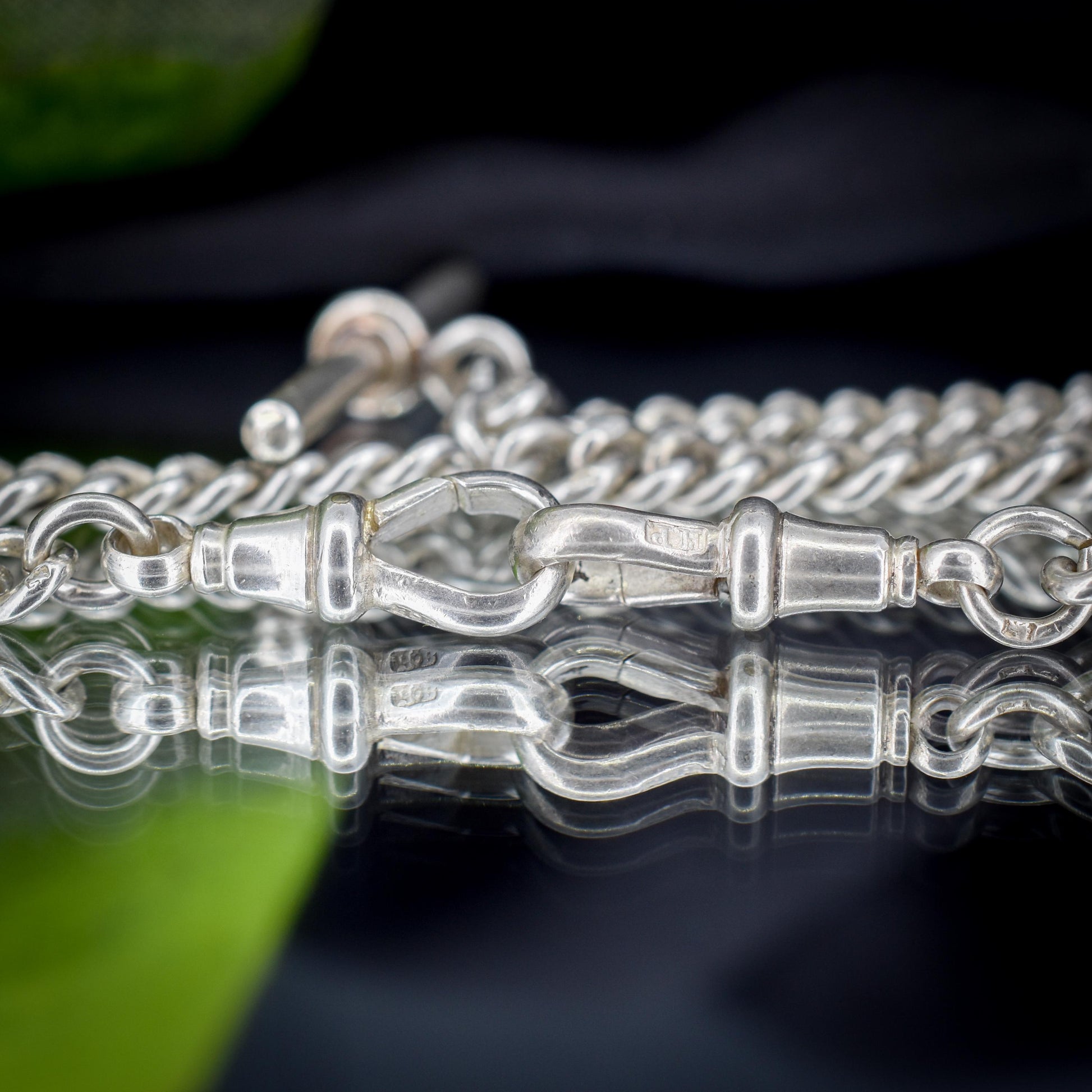 Antique 22.5" Sterling Silver Curb Link Chain Necklace with Double Dog Clips