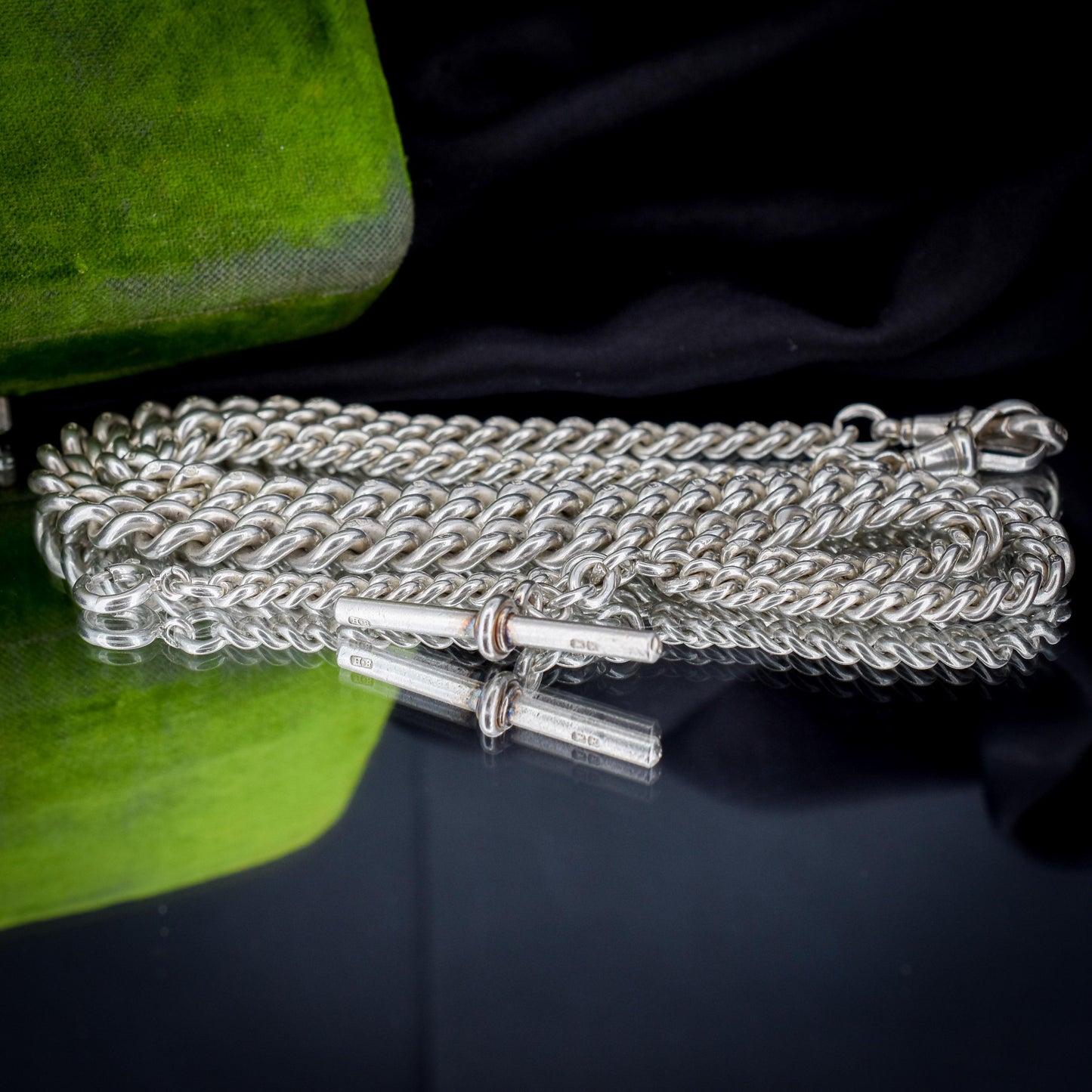 Antique 22.5" Sterling Silver Curb Link Chain Necklace with Double Dog Clips