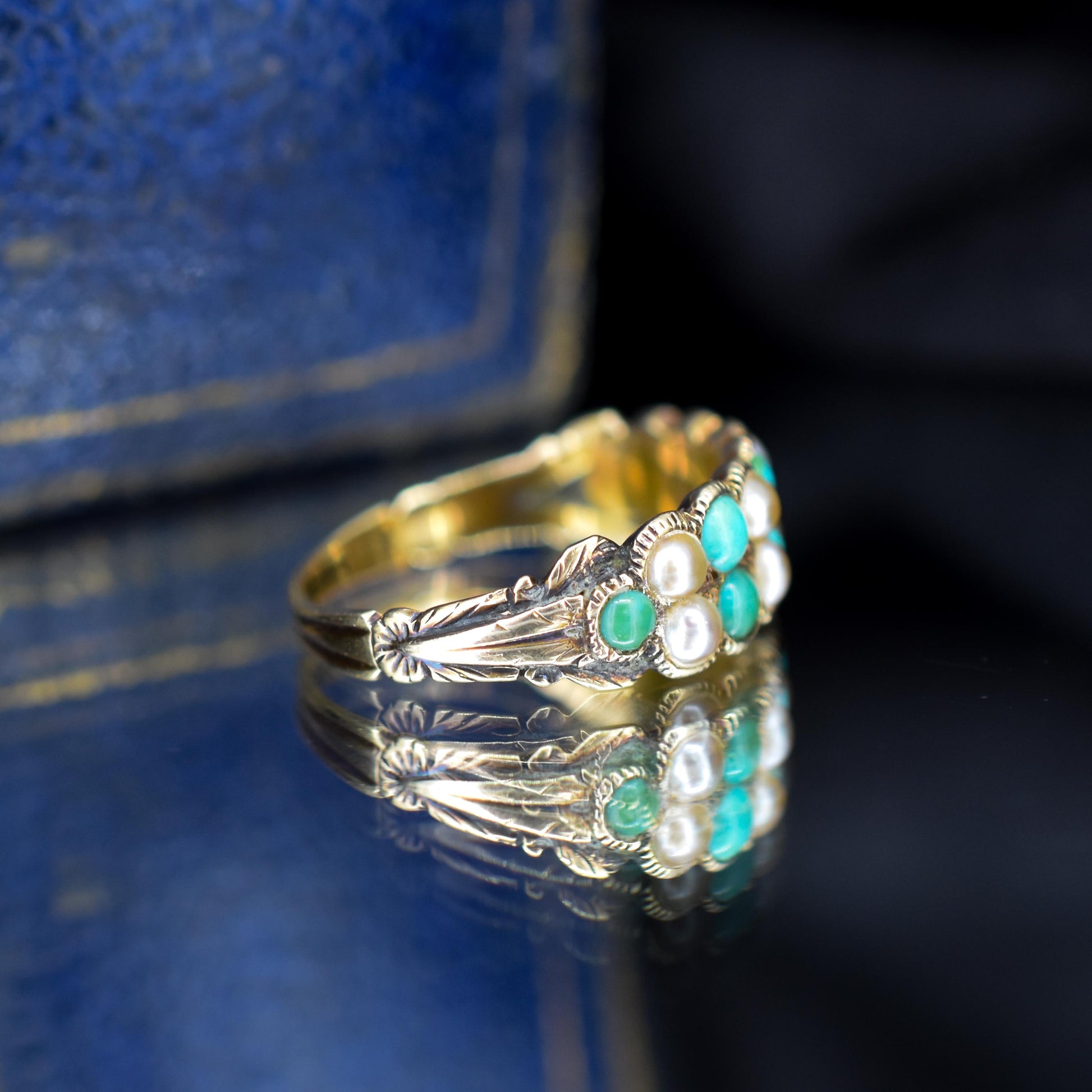 Antique Victorian Turquoise and Pearl 12ct Gold Double Row Ring