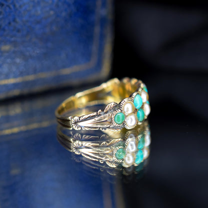 Antique Victorian Turquoise and Pearl 12ct Gold Double Row Ring