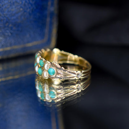 Antique Victorian Turquoise and Pearl 12ct Gold Double Row Ring