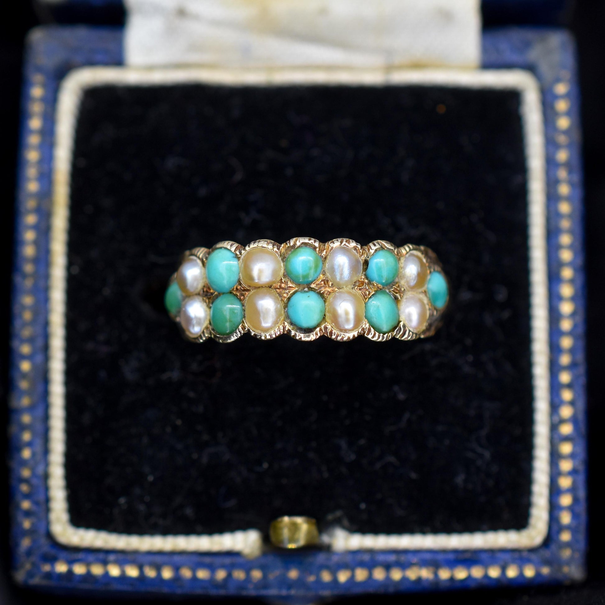 Antique Victorian Turquoise and Pearl 12ct Gold Double Row Ring