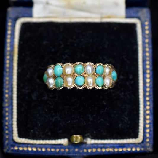 Antique Victorian Turquoise and Pearl 12ct Gold Double Row Ring