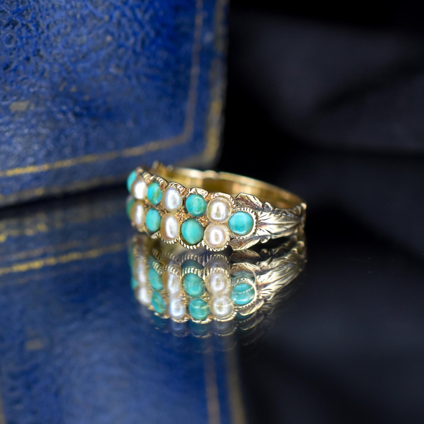 Antique Victorian Turquoise and Pearl 12ct Gold Double Row Ring