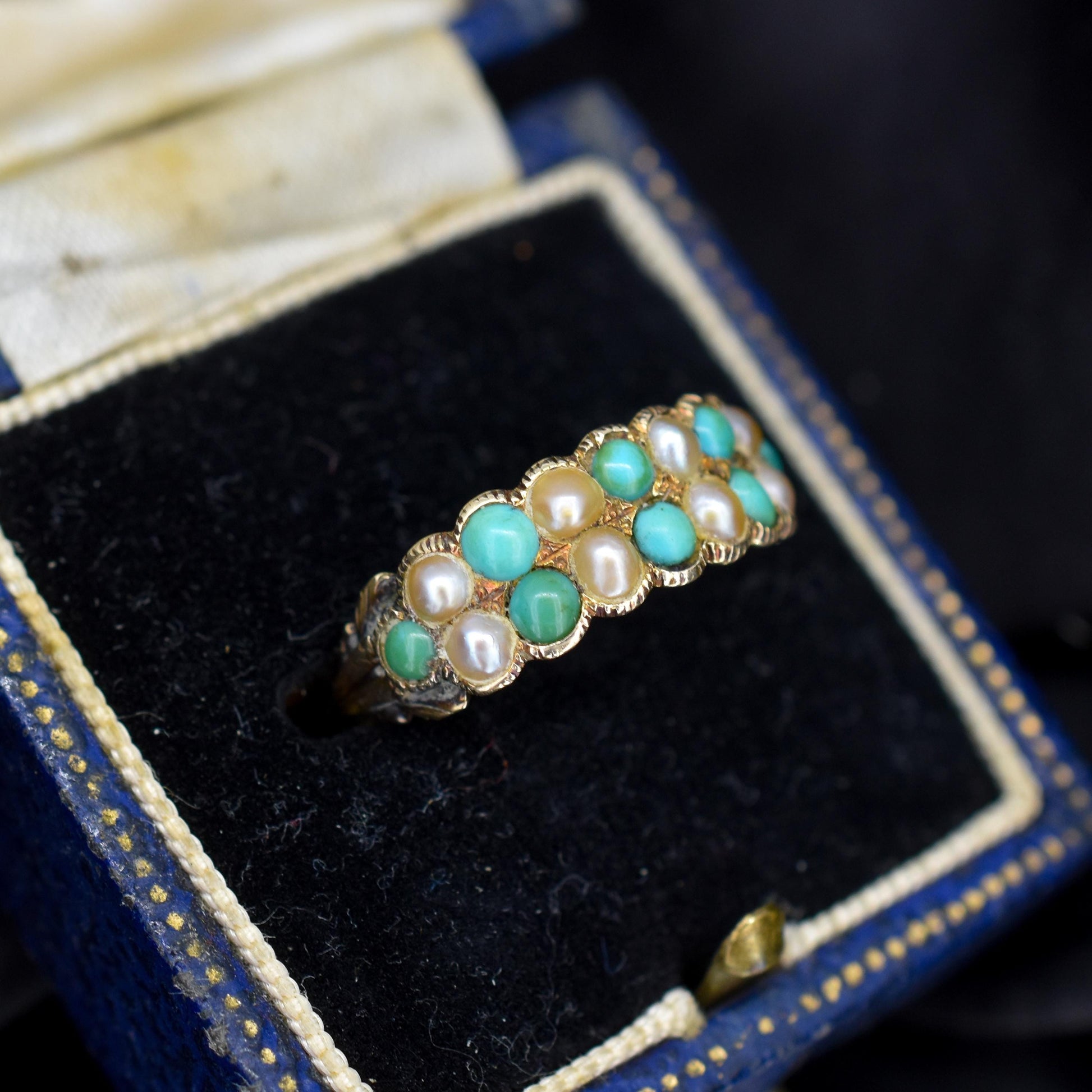 Antique Victorian Turquoise and Pearl 12ct Gold Double Row Ring
