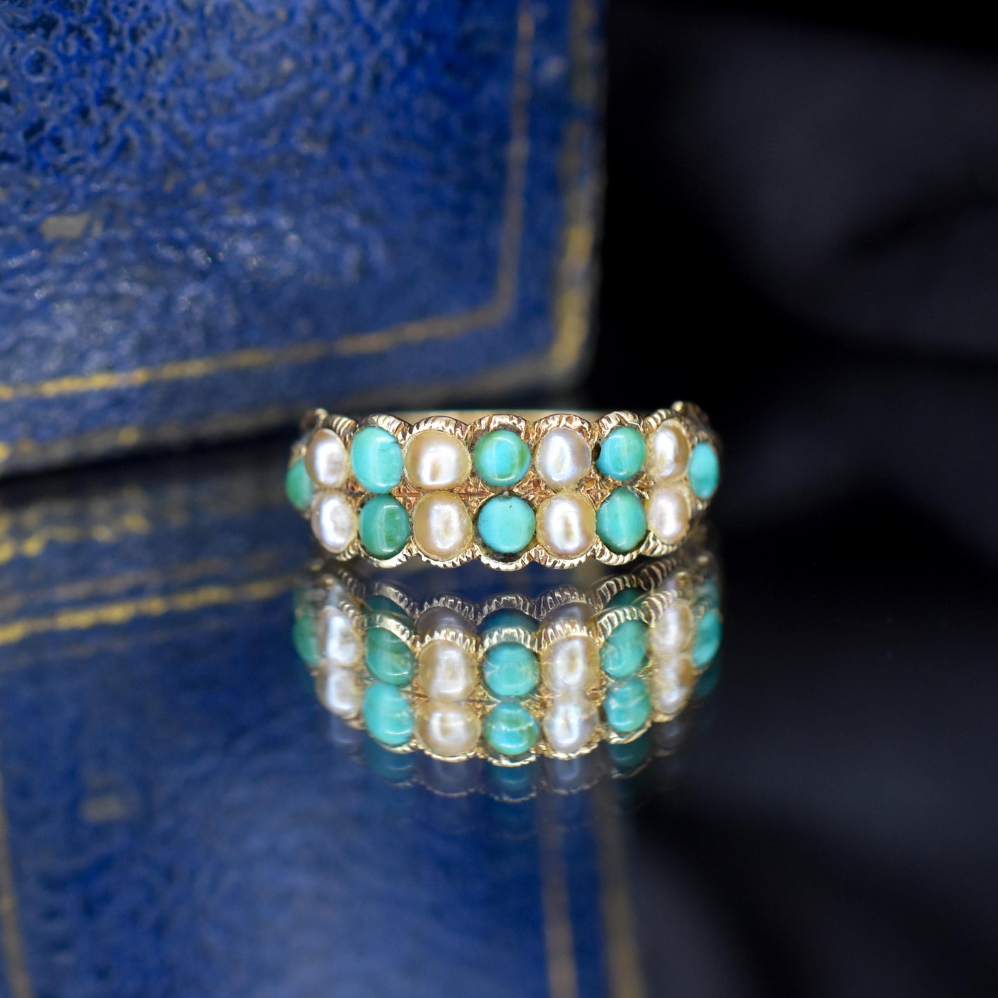 Antique Victorian Turquoise and Pearl 12ct Gold Double Row Ring
