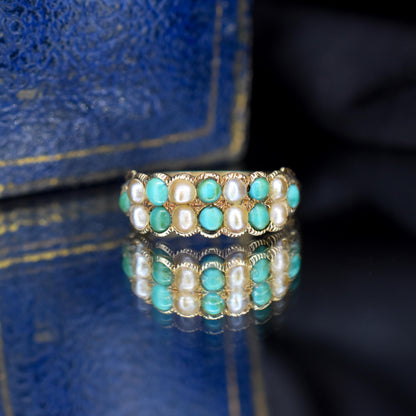Antique Victorian Turquoise and Pearl 12ct Gold Double Row Ring