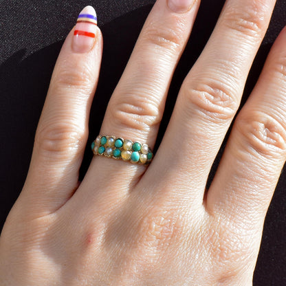 Antique Victorian Turquoise and Pearl 12ct Gold Double Row Ring
