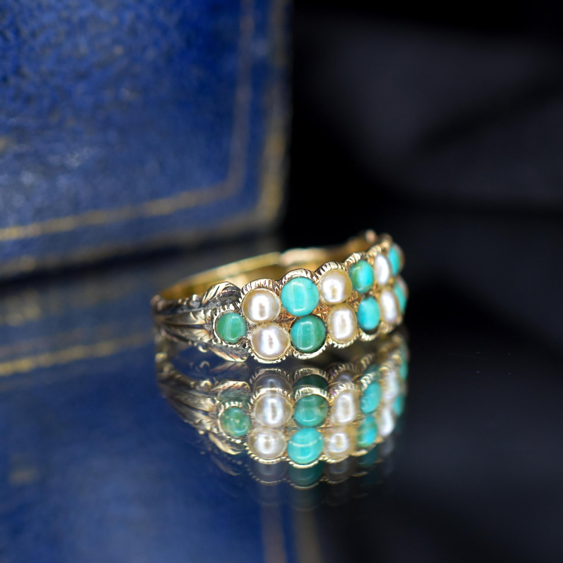 Antique Victorian Turquoise and Pearl 12ct Gold Double Row Ring