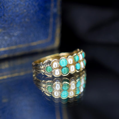 Antique Victorian Turquoise and Pearl 12ct Gold Double Row Ring