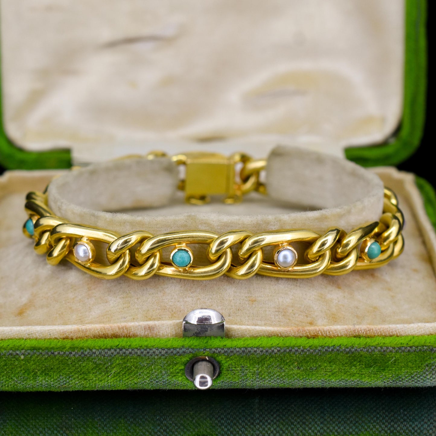 Antique 15ct Yellow Gold Pearl and Turquoise Curb Bracelet | 7.5"