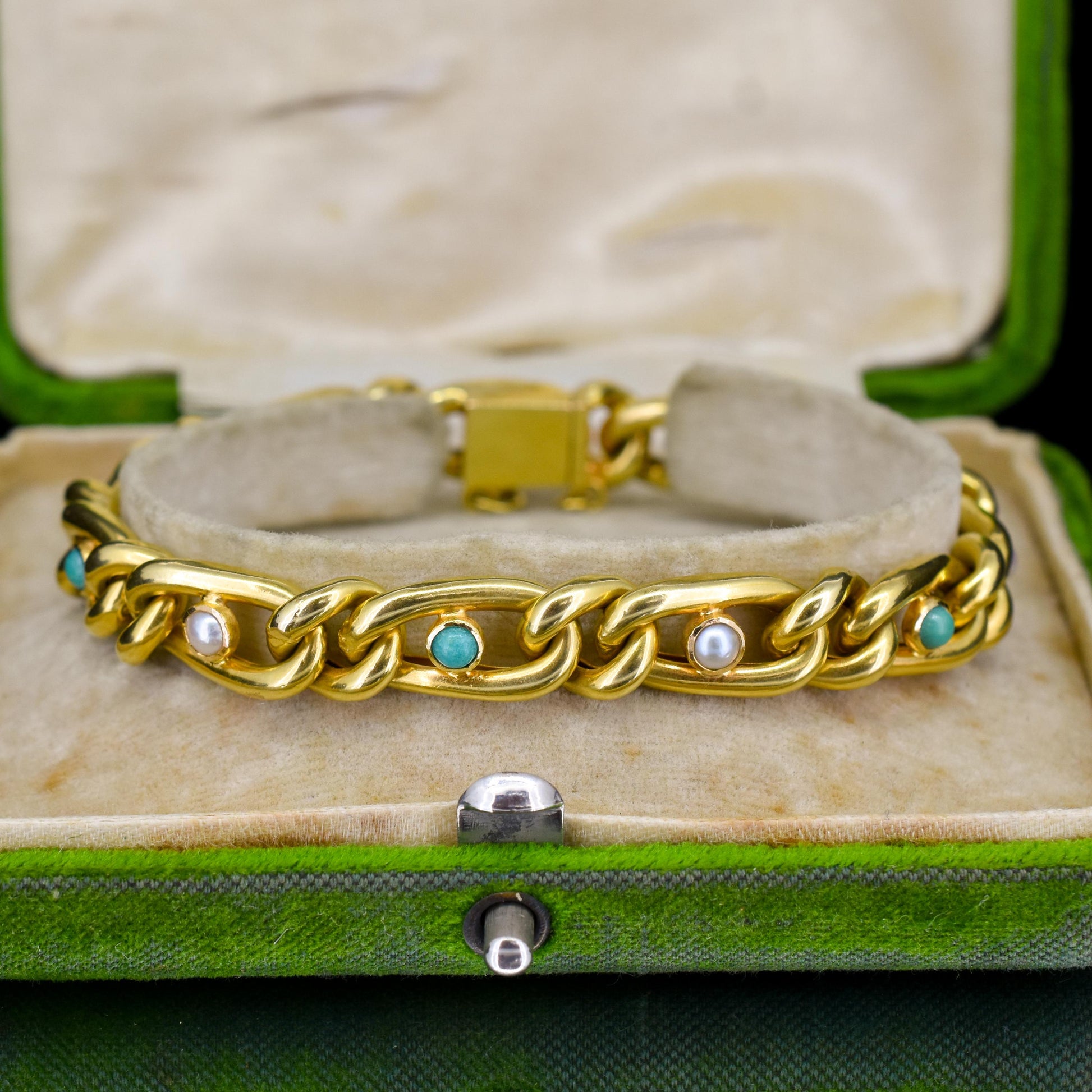 Antique 15ct Yellow Gold Pearl and Turquoise Curb Bracelet | 7.5"