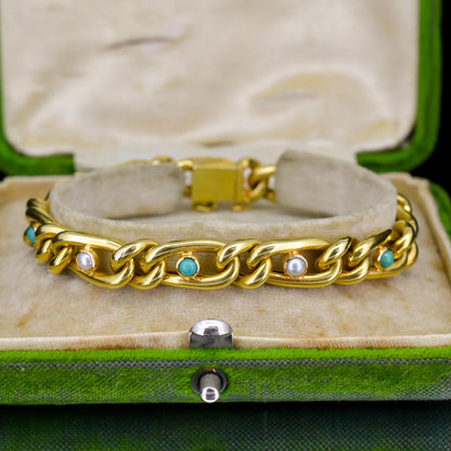 Antique 15ct Yellow Gold Pearl and Turquoise Curb Bracelet | 7.5"