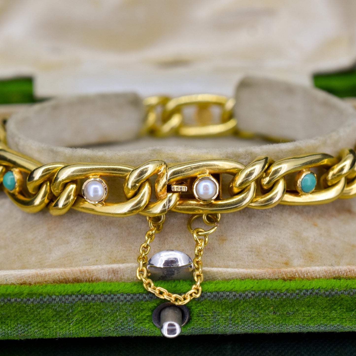 Antique 15ct Yellow Gold Pearl and Turquoise Curb Bracelet | 7.5"