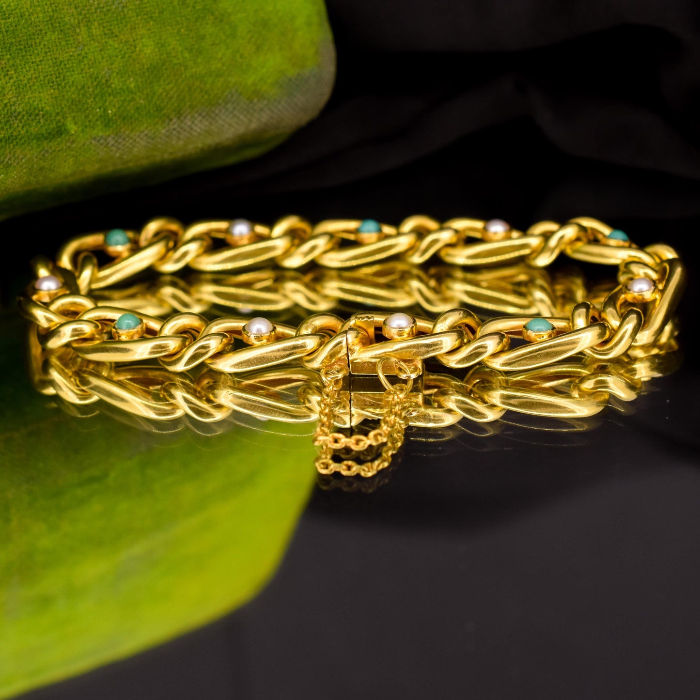 Antique 15ct Yellow Gold Pearl and Turquoise Curb Bracelet | 7.5"