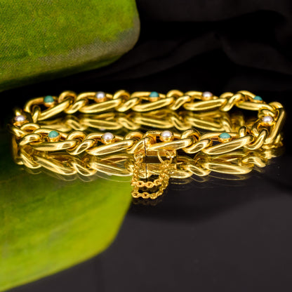 Antique 15ct Yellow Gold Pearl and Turquoise Curb Bracelet | 7.5"