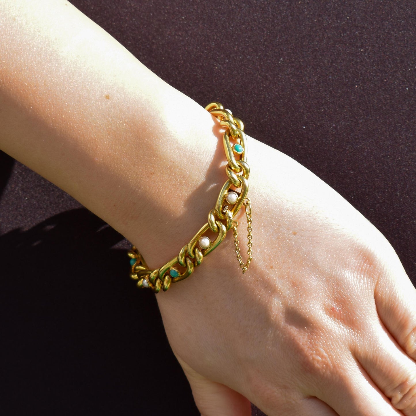 Antique 15ct Yellow Gold Pearl and Turquoise Curb Bracelet | 7.5"