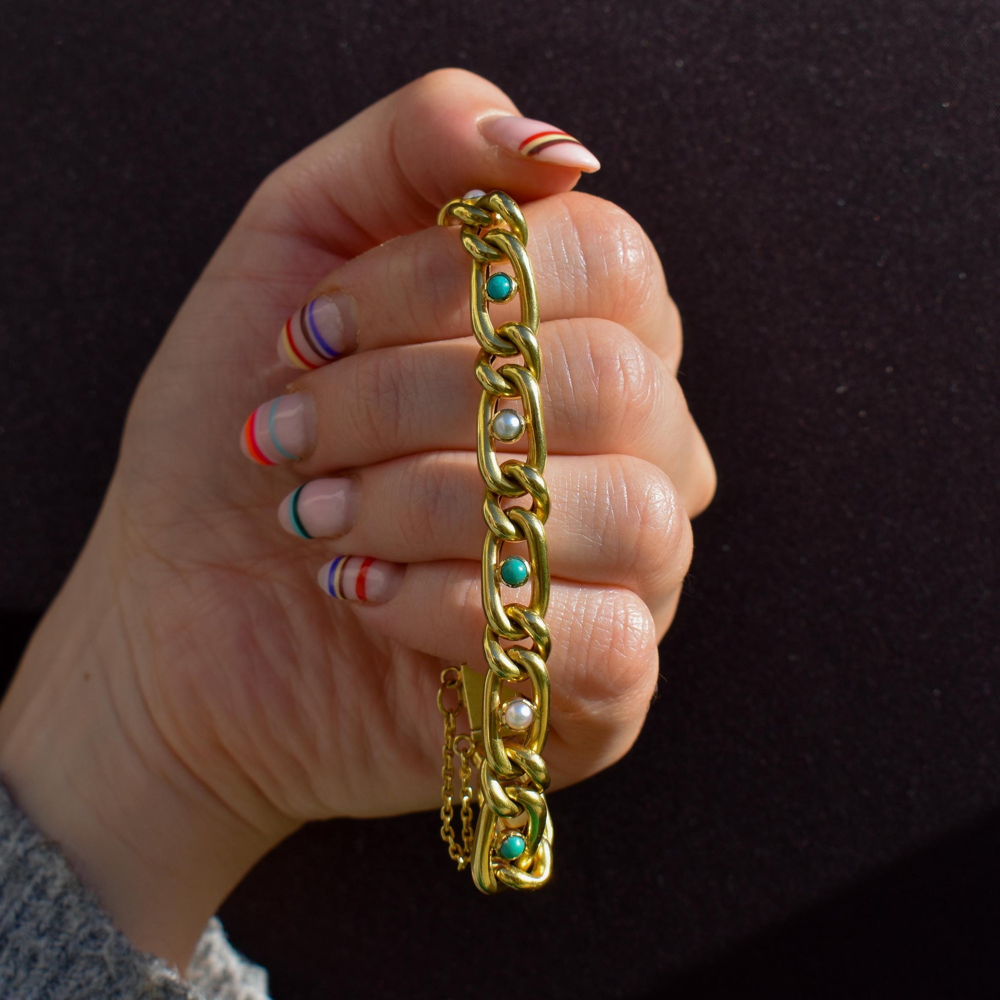 Antique 15ct Yellow Gold Pearl and Turquoise Curb Bracelet | 7.5"