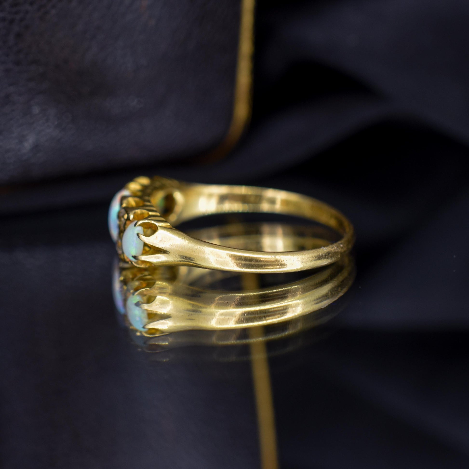 Antique Natural Opal and Diamond 18ct Yellow Gold Three Stone Ring