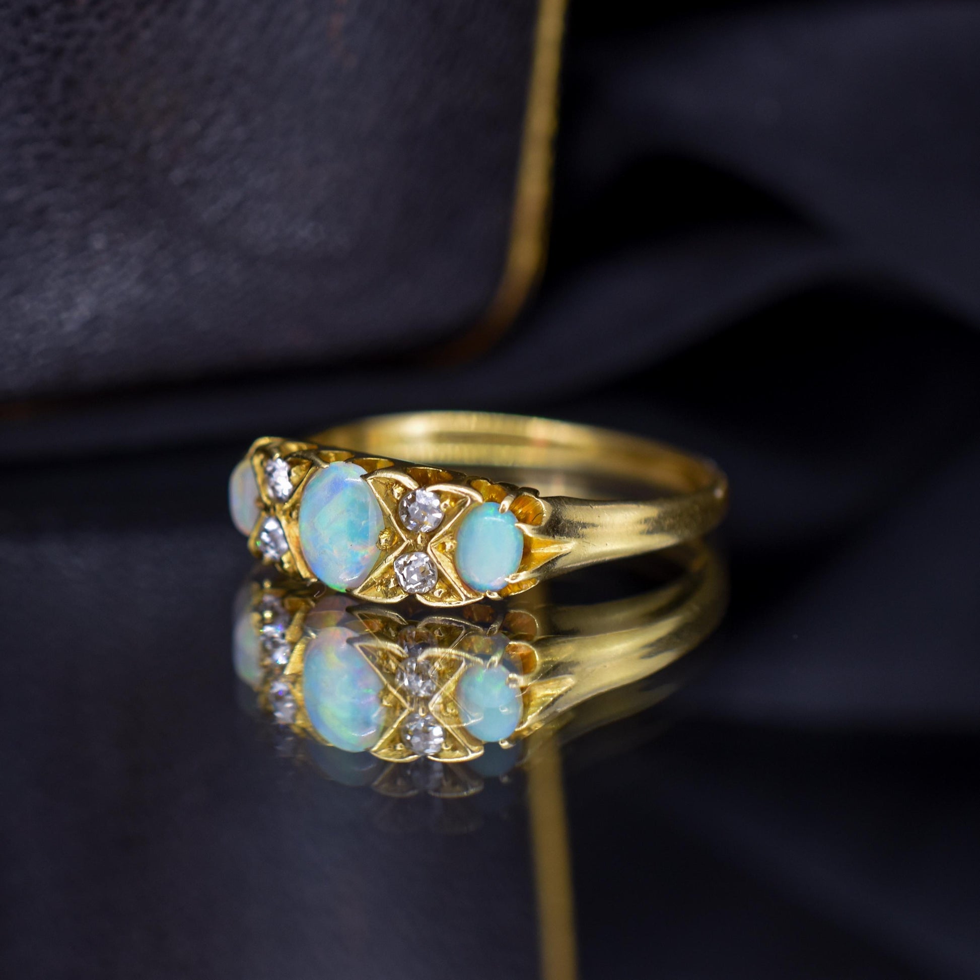 Antique Natural Opal and Diamond 18ct Yellow Gold Three Stone Ring