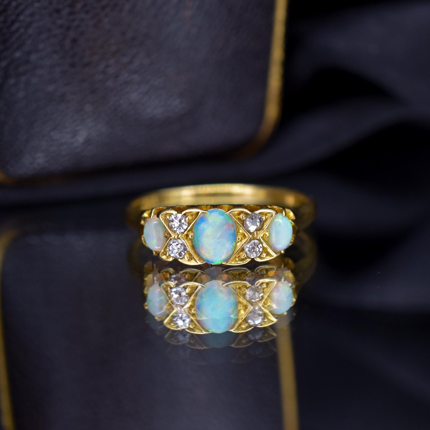 Antique Natural Opal and Diamond 18ct Yellow Gold Three Stone Ring