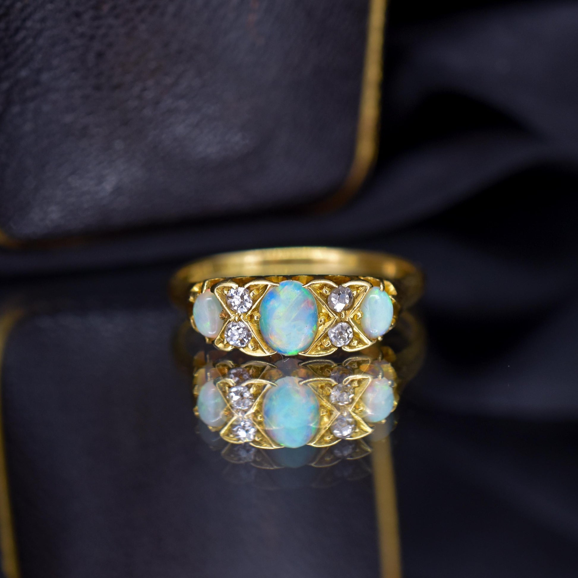 Antique Natural Opal and Diamond 18ct Yellow Gold Three Stone Ring